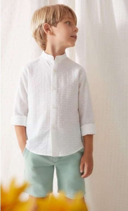 Boys 100% Cotton Band Collar Shirt | Soft Fabric with Button Front Style & Roll-Up Sleeves | Comfortable Casual Kids Shirt