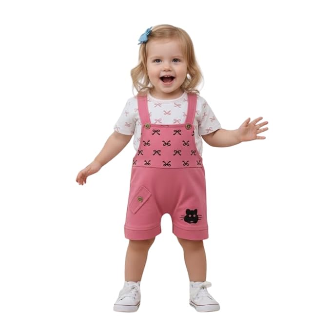 Baby Girls Cotton Printed Dungaree Set | Soft Breathable Fabric | Adjustable Strap Shorts with Heart Print | Stylish Casual Outfit for Baby Unisex