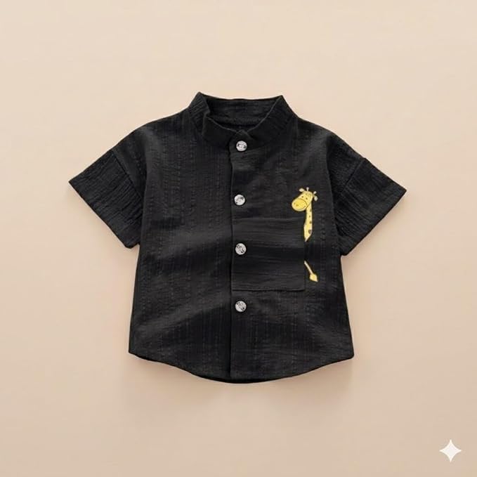 Baby Boys 100% Cotton Shirt | Mandarin Collar Half Sleeve Shirt with Cute Printed Design | Button Front Soft Fabric Shirt | Comfortable Stylish Top Wear for Babies