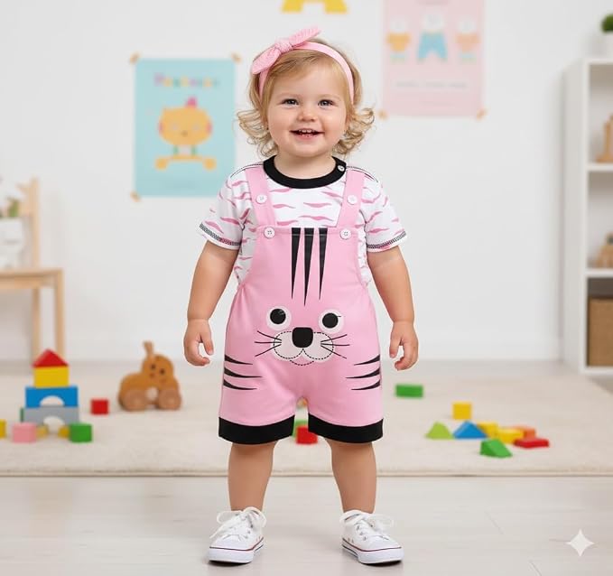 Baby Girls Cotton Bunny Face Dungaree Set | Printed T-Shirt with Adjustable Strap Shorts | Adorable and Comfortable Daily Outfit for Baby Unisex