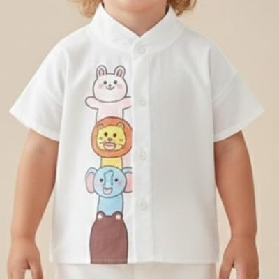 Baby Boys 100% Cotton Shirt | Soft Breathable Fabric with Cute Cartoon Print | Half Sleeve Button Front Shirt | Comfortable Stylish Top Wear for Babies