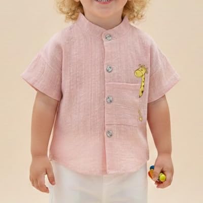 Baby Boys 100% Cotton Shirt | Mandarin Collar Half Sleeve Shirt with Cute Printed Design | Button Front Soft Fabric Shirt | Comfortable Stylish Top Wear for Babies