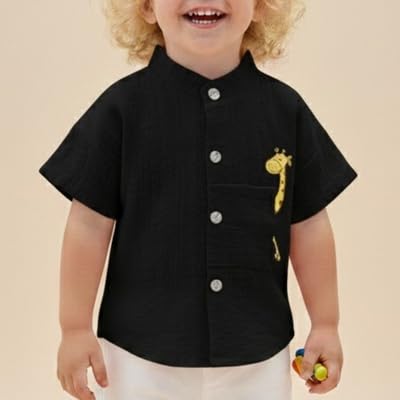 Baby Boys 100% Cotton Shirt | Mandarin Collar Half Sleeve Shirt with Cute Printed Design | Button Front Soft Fabric Shirt | Comfortable Stylish Top Wear for Babies