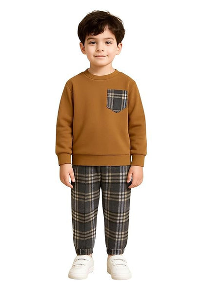 Boys Full Sleeves Cotton Blend T-Shirt and Matching Checks Pants Set