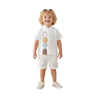 Baby Boys 100% Cotton Shirt | Soft Breathable Fabric with Cute Cartoon Print | Half Sleeve Button Front Shirt | Comfortable Stylish Top Wear for Babies