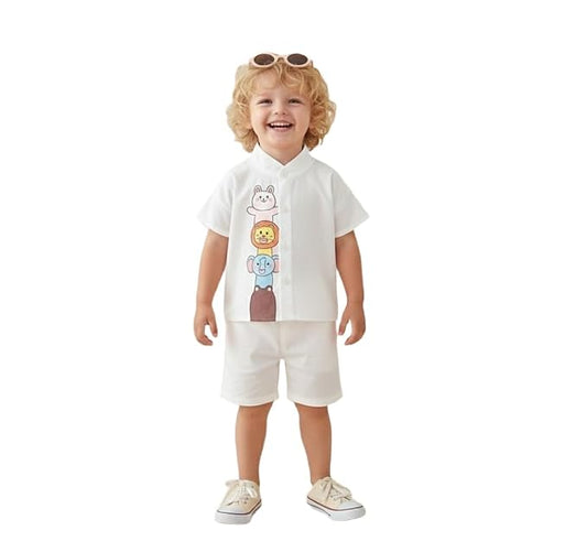 Baby Boys 100% Cotton Shirt | Soft Breathable Fabric with Cute Cartoon Print | Half Sleeve Button Front Shirt | Comfortable Stylish Top Wear for Babies