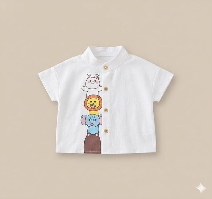 Baby Boys 100% Cotton Shirt | Soft Breathable Fabric with Cute Cartoon Print | Half Sleeve Button Front Shirt | Comfortable Stylish Top Wear for Babies