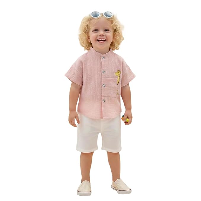 Baby Boys 100% Cotton Shirt | Mandarin Collar Half Sleeve Shirt with Cute Printed Design | Button Front Soft Fabric Shirt | Comfortable Stylish Top Wear for Babies