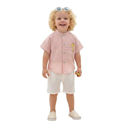 Baby Boys 100% Cotton Shirt | Mandarin Collar Half Sleeve Shirt with Cute Printed Design | Button Front Soft Fabric Shirt | Comfortable Stylish Top Wear for Babies