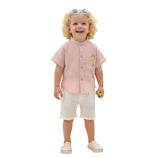 Baby Boys 100% Cotton Shirt | Mandarin Collar Half Sleeve Shirt with Cute Printed Design | Button Front Soft Fabric Shirt | Comfortable Stylish Top Wear for Babies