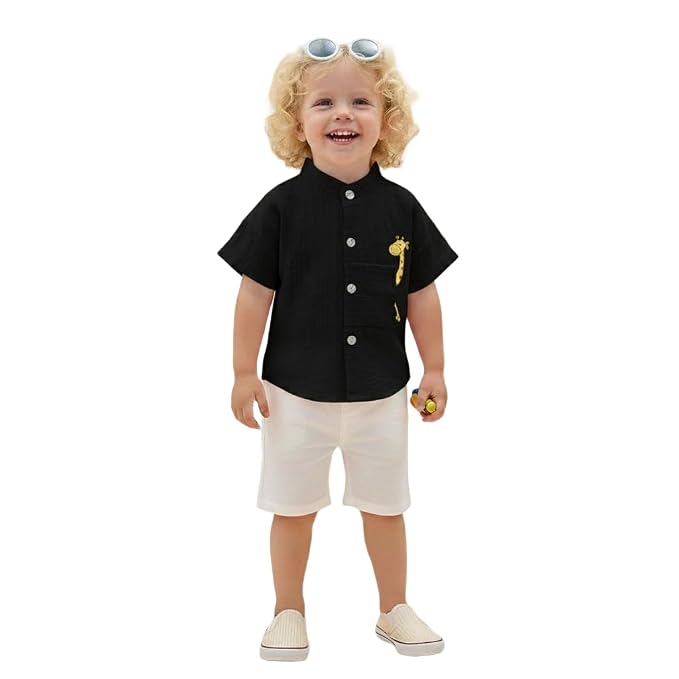 Baby Boys 100% Cotton Shirt | Mandarin Collar Half Sleeve Shirt with Cute Printed Design | Button Front Soft Fabric Shirt | Comfortable Stylish Top Wear for Babies