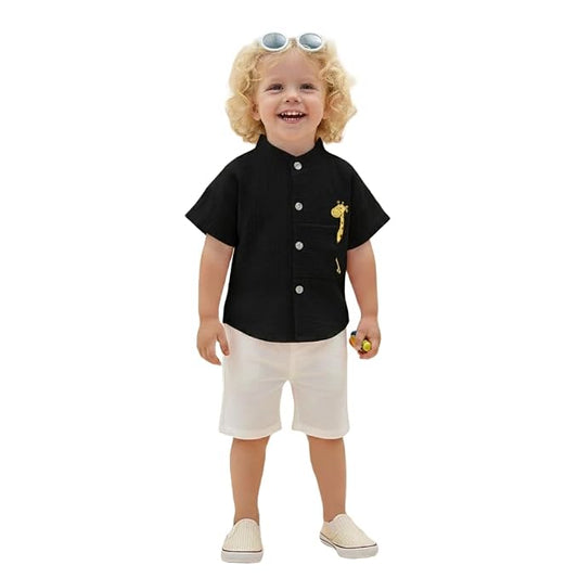 Baby Boys 100% Cotton Shirt | Mandarin Collar Half Sleeve Shirt with Cute Printed Design | Button Front Soft Fabric Shirt | Comfortable Stylish Top Wear for Babies