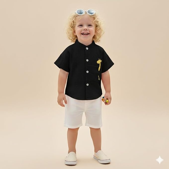Baby Boys 100% Cotton Shirt | Mandarin Collar Half Sleeve Shirt with Cute Printed Design | Button Front Soft Fabric Shirt | Comfortable Stylish Top Wear for Babies