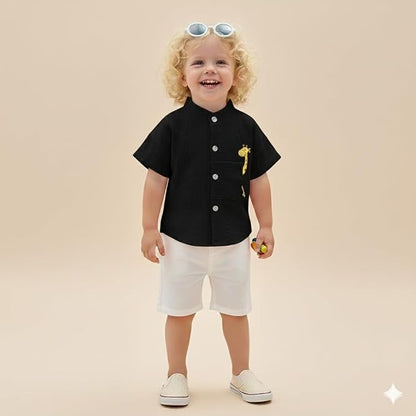 Baby Boys 100% Cotton Shirt | Mandarin Collar Half Sleeve Shirt with Cute Printed Design | Button Front Soft Fabric Shirt | Comfortable Stylish Top Wear for Babies