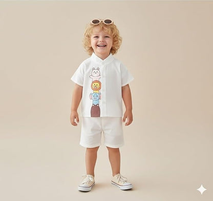 Baby Boys 100% Cotton Shirt | Soft Breathable Fabric with Cute Cartoon Print | Half Sleeve Button Front Shirt | Comfortable Stylish Top Wear for Babies