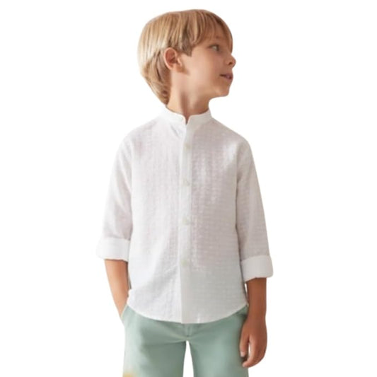 Boys 100% Cotton Band Collar Shirt | Soft Fabric with Button Front Style & Roll-Up Sleeves | Comfortable Casual Kids Shirt