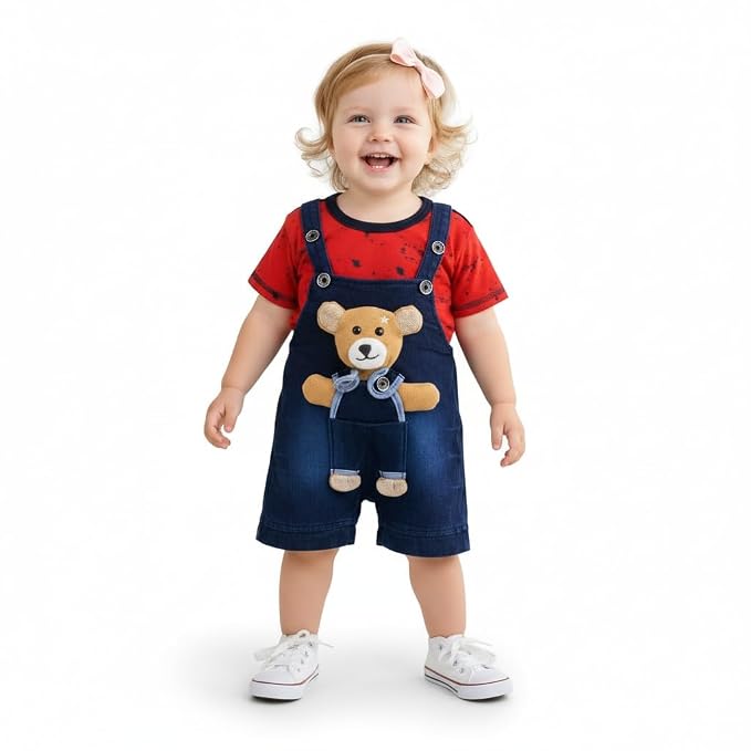 Baby Girls Cotton Denim Dungaree Set with 3D Teddy Bear Design |Printed T-Shirt with Adjustable Straps | Stylish & Comfortable Daily Outfit for Baby Unisex