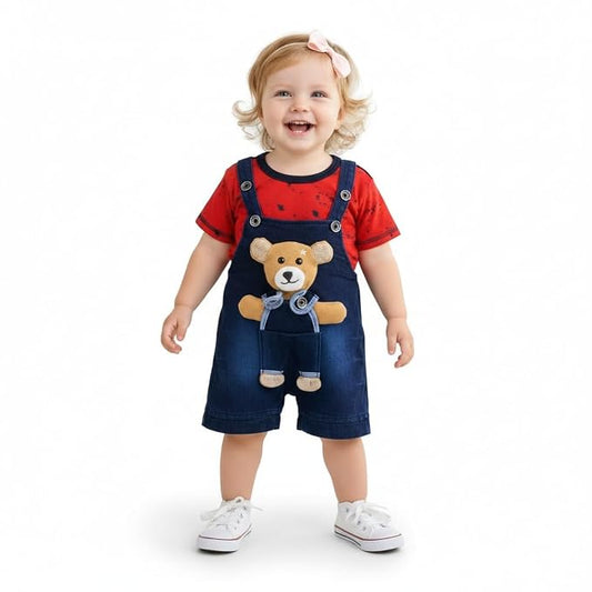 Baby Girls Cotton Denim Dungaree Set with 3D Teddy Bear Design |Printed T-Shirt with Adjustable Straps | Stylish & Comfortable Daily Outfit for Baby Unisex