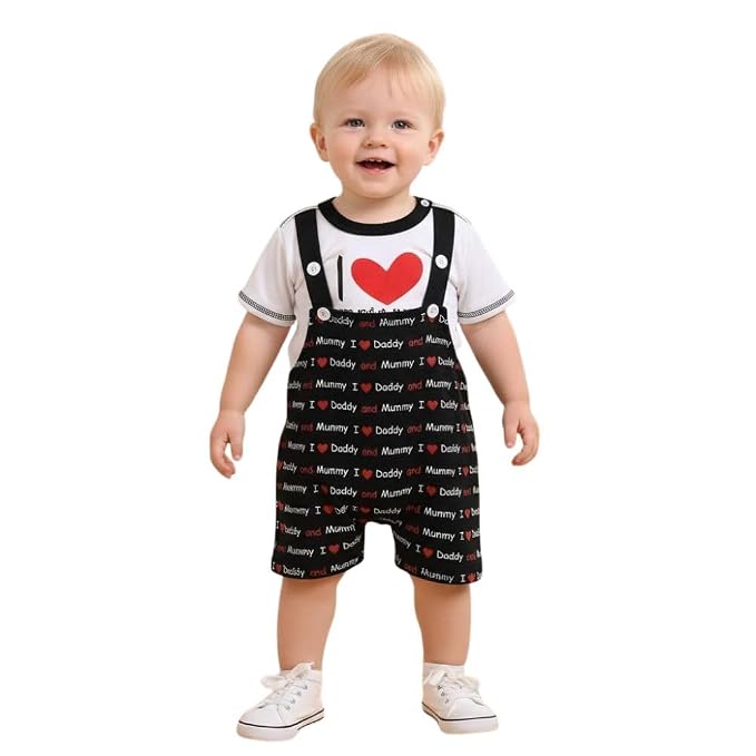 Baby Boys Cotton Printed Dungaree Set | Soft Breathable Fabric | Adjustable Strap Shorts with Heart Print | Stylish Casual Outfit for Baby Unisex