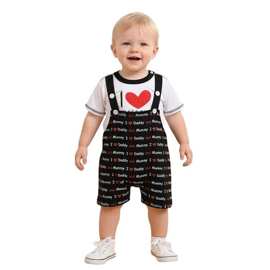 Baby Boys Cotton Printed Dungaree Set | Soft Breathable Fabric | Adjustable Strap Shorts with Heart Print | Stylish Casual Outfit for Baby Unisex