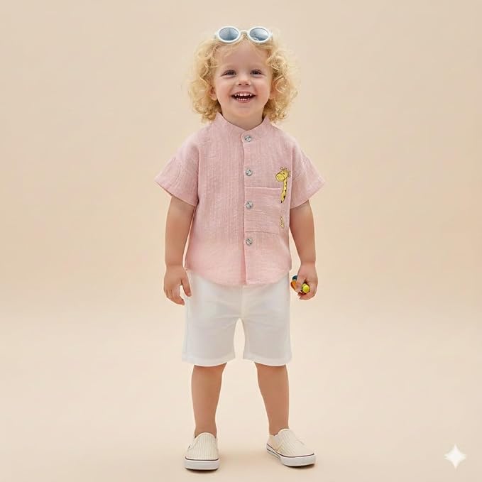 Baby Boys 100% Cotton Shirt | Mandarin Collar Half Sleeve Shirt with Cute Printed Design | Button Front Soft Fabric Shirt | Comfortable Stylish Top Wear for Babies