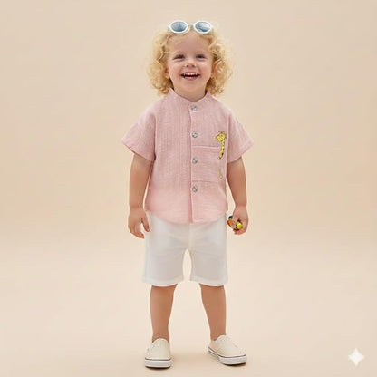 Baby Boys 100% Cotton Shirt | Mandarin Collar Half Sleeve Shirt with Cute Printed Design | Button Front Soft Fabric Shirt | Comfortable Stylish Top Wear for Babies