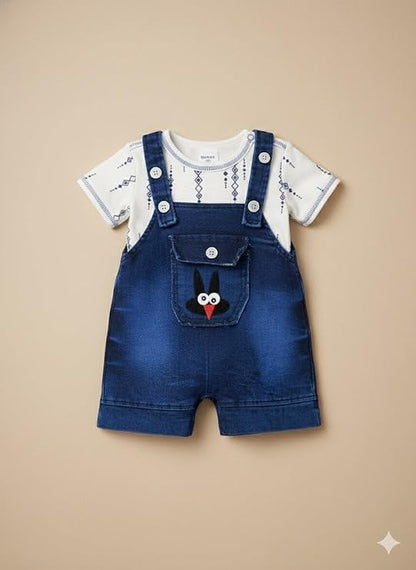 Baby Boys Cotton Denim Dungaree Set with 3D Teddy Bear Design | Printed T-Shirt with Adjustable Straps | Stylish & Comfortable Daily Outfit for Baby Unisex