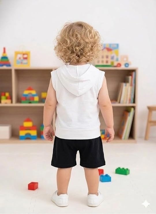 100% Pure Cotton Baby Boys Hooded T-Shirt & Shorts Set with Graphic Print | Soft Breathable Half Sleeve Top & Elastic Waist Bottom Outfit for Unisex Babies