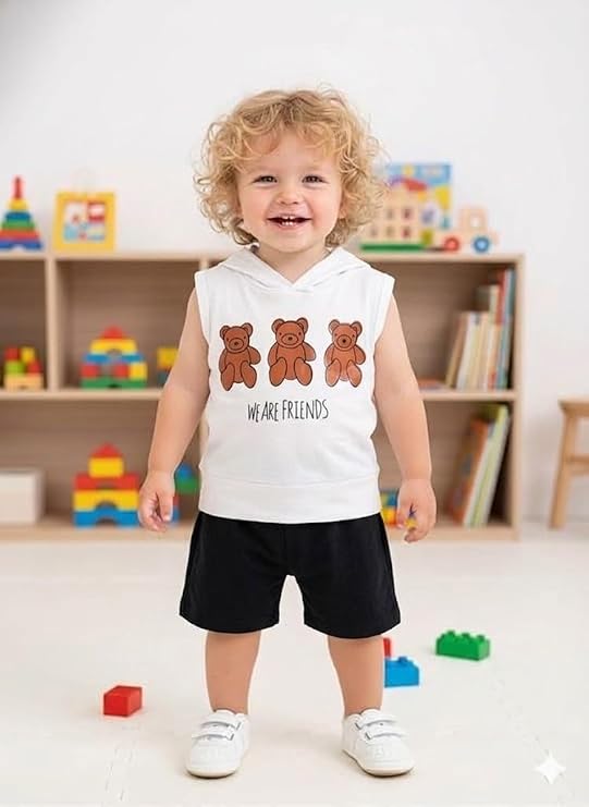 100% Pure Cotton Baby Boys Hooded T-Shirt & Shorts Set with Graphic Print | Soft Breathable Half Sleeve Top & Elastic Waist Bottom Outfit for Unisex Babies