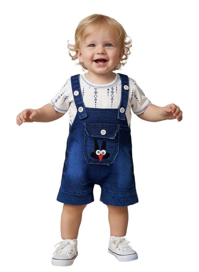 Baby Boys Cotton Denim Dungaree Set with 3D Teddy Bear Design | Printed T-Shirt with Adjustable Straps | Stylish & Comfortable Daily Outfit for Baby Unisex