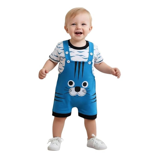 Baby Boys Cotton Bunny Face Dungaree Set | Printed T-Shirt with Adjustable Strap Shorts | Adorable and Comfortable Daily Outfit for Baby