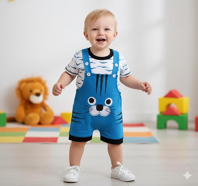 Baby Boys Cotton Bunny Face Dungaree Set | Printed T-Shirt with Adjustable Strap Shorts | Adorable and Comfortable Daily Outfit for Baby