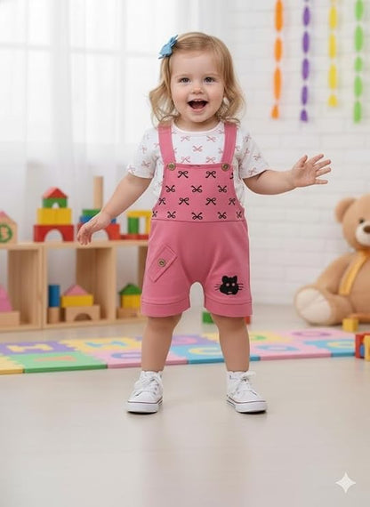 Baby Girls Cotton Printed Dungaree Set | Soft Breathable Fabric | Adjustable Strap Shorts with Heart Print | Stylish Casual Outfit for Baby Unisex