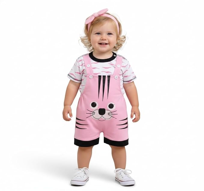 Baby Girls Cotton Bunny Face Dungaree Set | Printed T-Shirt with Adjustable Strap Shorts | Adorable and Comfortable Daily Outfit for Baby Unisex