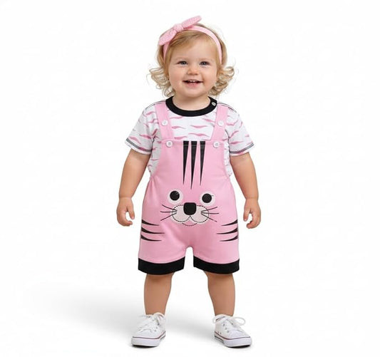 Baby Girls Cotton Bunny Face Dungaree Set | Printed T-Shirt with Adjustable Strap Shorts | Adorable and Comfortable Daily Outfit for Baby Unisex