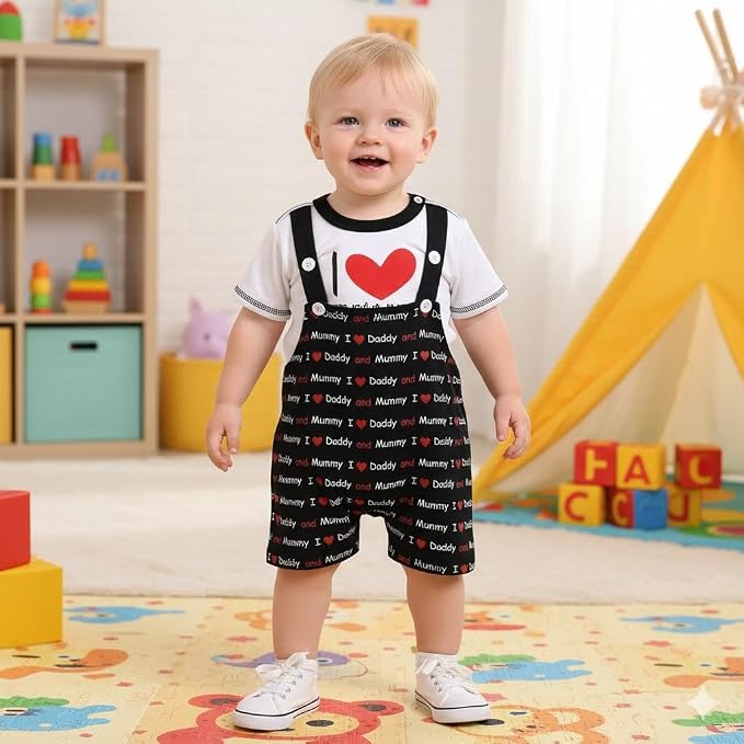 Baby Boys Cotton Printed Dungaree Set | Soft Breathable Fabric | Adjustable Strap Shorts with Heart Print | Stylish Casual Outfit for Baby Unisex