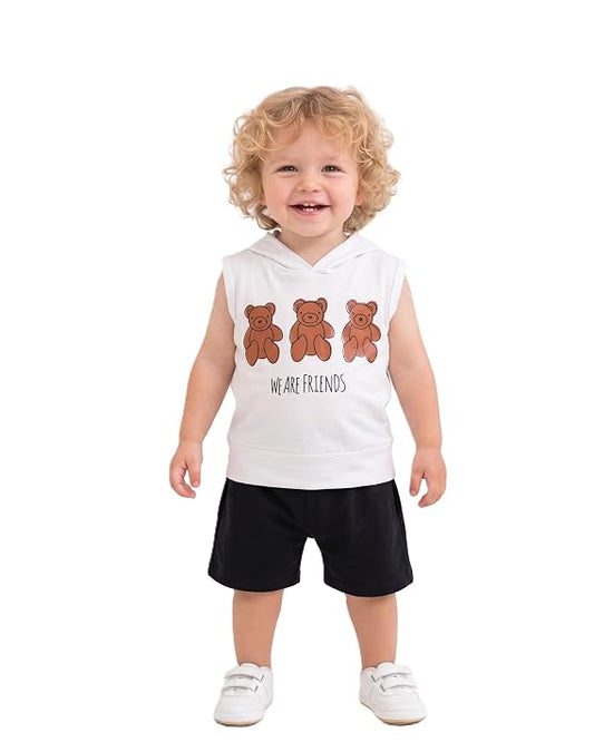 100% Pure Cotton Baby Boys Hooded T-Shirt & Shorts Set with Graphic Print | Soft Breathable Half Sleeve Top & Elastic Waist Bottom Outfit for Unisex Babies