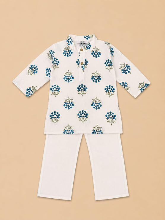 Boys 100% Cotton Kurta Pyjama Set | Traditional Ethnic Wear Outfit for Kids | Soft Breathable Printed Kurta with Comfortable Pyjama | Festive Celebration Clothing Set