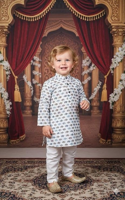 Boys Printed 100% Cotton Kurta Pyjama Set | Traditional Indian Outfit for Kids | Soft Breathable Fabric with Comfortable Fit | Designer Clothing Set for Boys