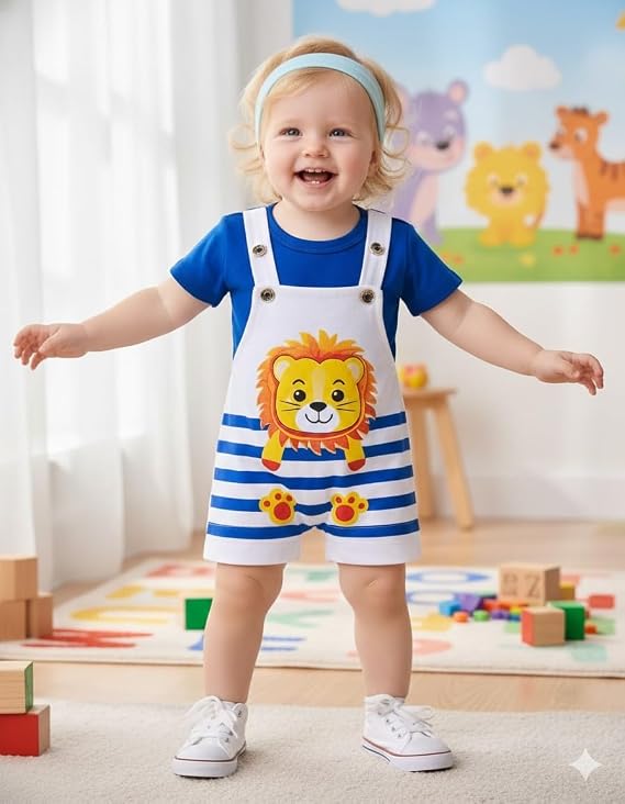 Baby Girls Cotton Printed Dungaree Set | Soft Breathable Fabric | Adjustable Strap Shorts with Heart Print | Stylish Casual Outfit for Baby Unisex