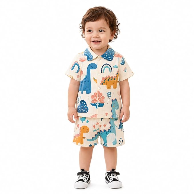 Baby Boys & girls Clothing Set | Ribbed Collar Shirt & Elastic Waist Shorts Co-Ord Set | Soft Breathable Casual Outfit for Toddlers & Kids | 2-Piece Clothing Set