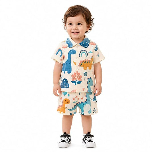 Baby Boys & girls Clothing Set | Ribbed Collar Shirt & Elastic Waist Shorts Co-Ord Set | Soft Breathable Casual Outfit for Toddlers & Kids | 2-Piece Clothing Set