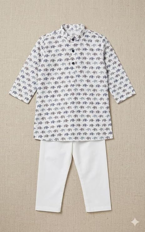 Boys Printed 100% Cotton Kurta Pyjama Set | Traditional Indian Outfit for Kids | Soft Breathable Fabric with Comfortable Fit | Designer Clothing Set for Boys