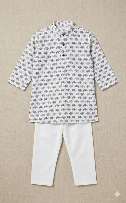 Boys Printed 100% Cotton Kurta Pyjama Set | Traditional Indian Outfit for Kids | Soft Breathable Fabric with Comfortable Fit | Designer Clothing Set for Boys
