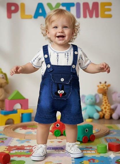 Baby Boys Cotton Denim Dungaree Set with 3D Teddy Bear Design | Printed T-Shirt with Adjustable Straps | Stylish & Comfortable Daily Outfit for Baby Unisex