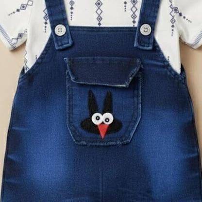 Baby Boys Cotton Denim Dungaree Set with 3D Teddy Bear Design | Printed T-Shirt with Adjustable Straps | Stylish & Comfortable Daily Outfit for Baby Unisex