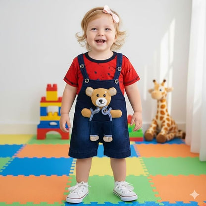 Baby Girls Cotton Denim Dungaree Set with 3D Teddy Bear Design |Printed T-Shirt with Adjustable Straps | Stylish & Comfortable Daily Outfit for Baby Unisex