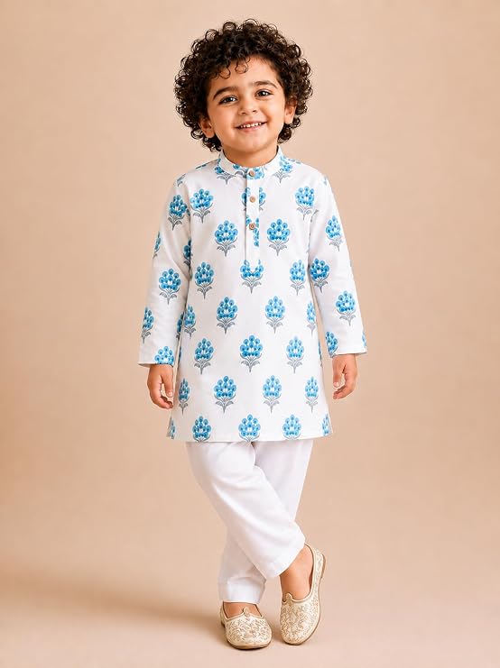 Boys 100% Cotton Kurta Pyjama Set | Traditional Ethnic Wear Outfit for Kids | Soft Breathable Printed Kurta with Comfortable Pyjama | Festive Celebration Clothing Set