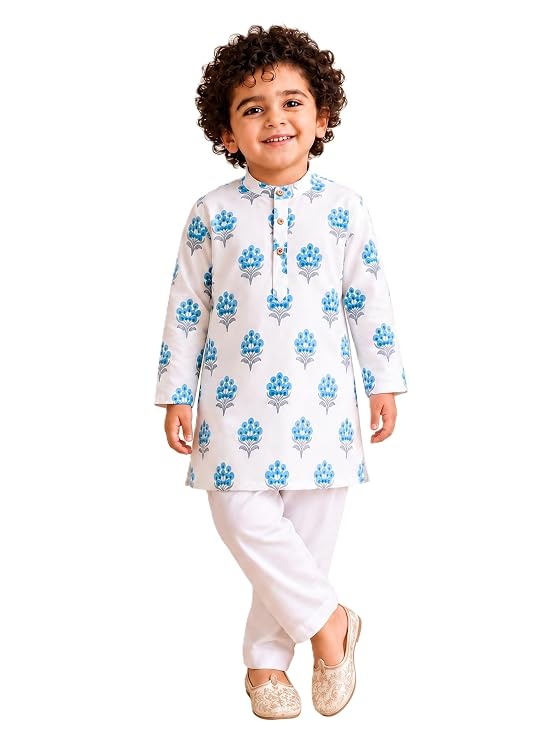 Boys 100% Cotton Kurta Pyjama Set | Traditional Ethnic Wear Outfit for Kids | Soft Breathable Printed Kurta with Comfortable Pyjama | Festive Celebration Clothing Set