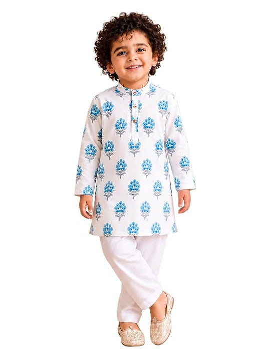 Boys 100% Cotton Kurta Pyjama Set | Traditional Ethnic Wear Outfit for Kids | Soft Breathable Printed Kurta with Comfortable Pyjama | Festive Celebration Clothing Set